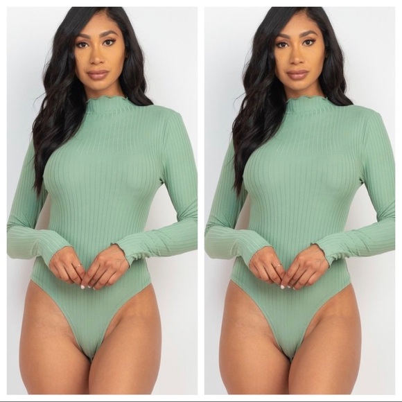 WOMEN SAGE GREENBAY RIBBED LONG SLEEVE MOCK NECK THONG BODYSUIT - Picture 1 of 6